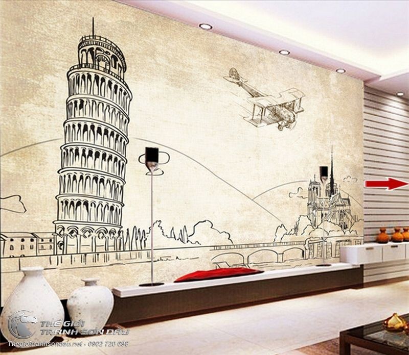 Tranh Tháp Nghiêng Pisa Vẽ Tường Phòng Khách.jpg