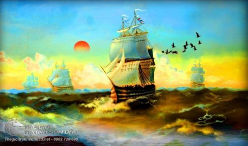 Tranh Thuyền Buồm Và Hoàng Hôn Trên Biển