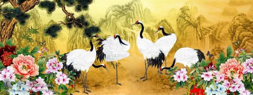 Tranh Vẽ Những Chú Chim Hạc Bên Hoa Mẫu Đơn Và Cây Tùng