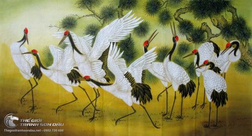 Tranh Vẽ Những Đôi Chim Hạc Bên Cây Tùng