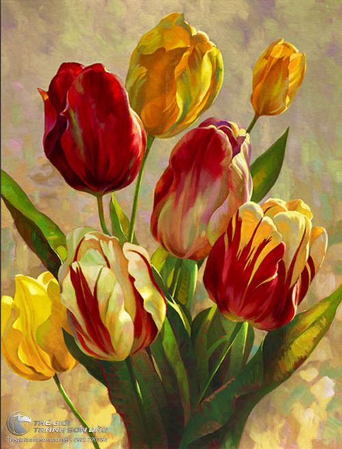 Tranh Vẽ Vườn Hoa Tulip Nhiều Màu Sắc