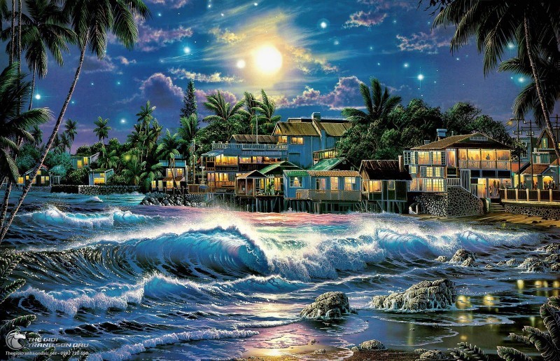 Tranh Biển Về Đêm Sóng Vỗ Bờ Cát.jpg