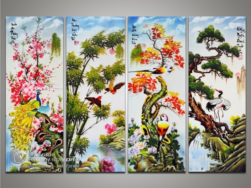 Tranh bộ tứ quý Đào Trúc Cúc Tùng vẽ sơn dầu.jpg