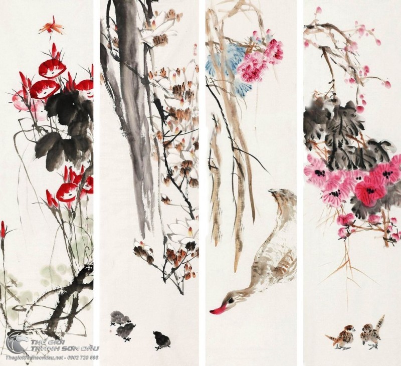 Tranh Bộ Tứ Quý Mẫu Đơn Mai Đào Chim Hạc.jpg