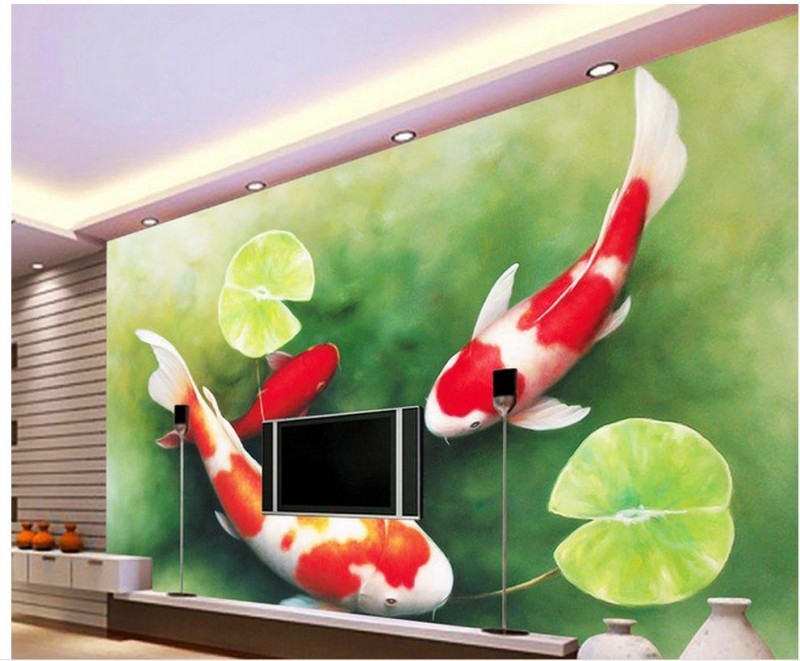 Tranh cá chép 3D tường phòng khách.jpg