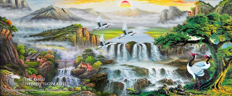 Tranh Phong Cảnh Mây Núi Cùng Chim Muông Và Thác Nước.jpg