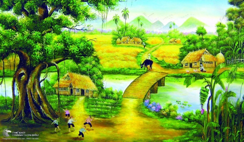Tranh Sơn Dầu Vẽ Cây Đa Đầu Làng Và Ngôi Nhà Tranh.jpg