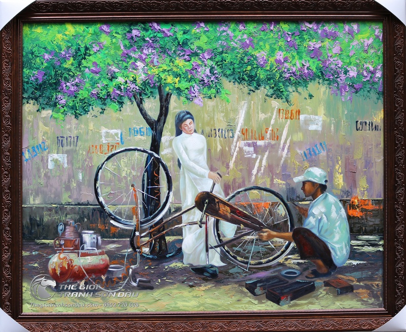 Tranh Sơn Dầu Vẽ Cô Gái Sửa Xe Đạp (1).jpg