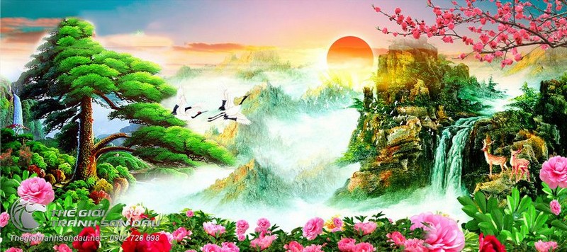 Tranh Sơn Thủy Cây Tùng Mây Núi Nên Thơ Và Những Cánh Hoa.jpg