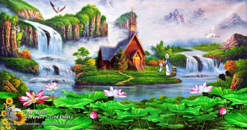 Tranh Sơn Thủy Đầm Sen Và Cảnh Mây Núi Huyền Ảo.jpg
