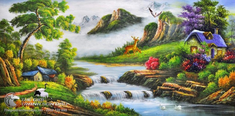 Tranh Sơn Thủy Đôi Nai Nhỏ Bên Dòng Suối Và Căn Nhà.jpg