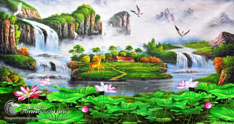 Tranh Sơn Thủy Mây Núi Thác Nước Và Đầm Sen.jpg