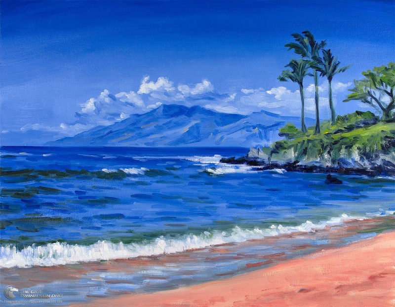 Tranh bãi biển mùa hè vẽ sơn dầu đẹp