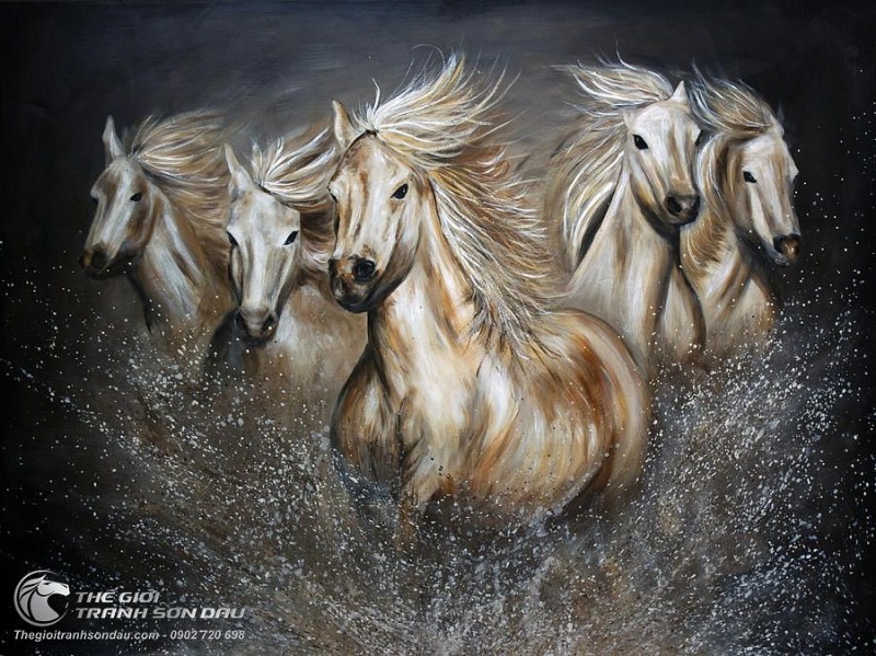 Tranh Vẽ Đàn Ngựa Trắng Phi Dưới Nước.jpg