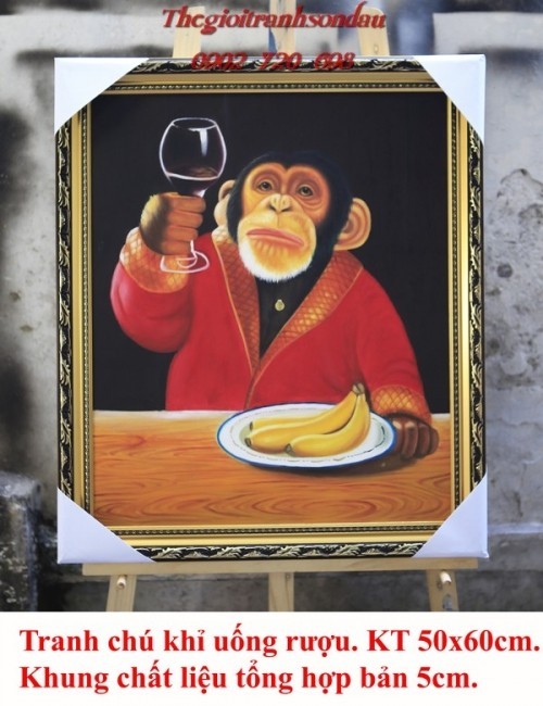 Tranh Sơn Dầu Vẽ Chú Khỉ Uống Rượu Mừng Năm Mới
