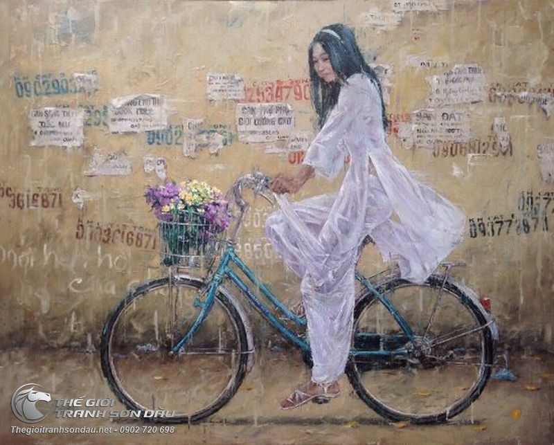 Tranh/Cô gái/Áo dài/Chạy xe đạp/Bicycle - Với một cô gái diện chiếc áo dài tinh tế và cưỡi một chiếc xe đạp xinh đẹp, bức tranh chắc chắn sẽ mang đến cho bạn một sự phấn khích đích thực. Thể hiện sự bình tĩnh và sự phóng khoáng đồng thời qua từng nét vẽ, chắc chắn bức tranh sẽ mang lại cho bạn nhiều cảm xúc khác nhau.
