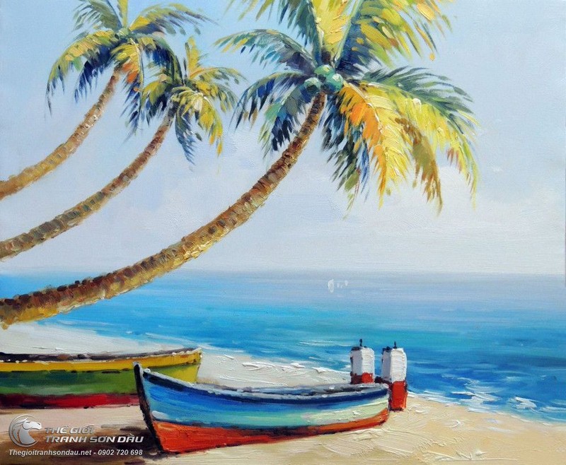 Tranh phong cảnh biển và hàng dừa là sự kết hợp tuyệt vời của tác phẩm nghệ thuật. Khi nhìn vào bức tranh, bạn sẽ cảm thấy rộn ràng và thư giãn đến không ngờ.