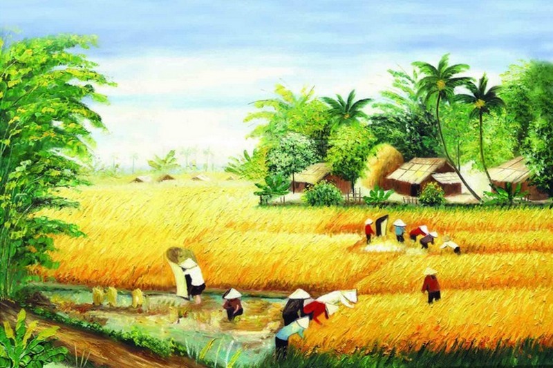 Tranh Quê Hương Gặt Lúa
