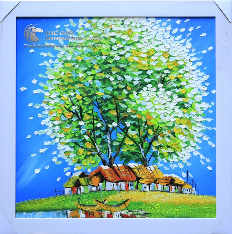 Tranh Sơn Dầu Phong Cảnh Cây Xanh Lá Vẽ Dày Kiểu Hiện Đại