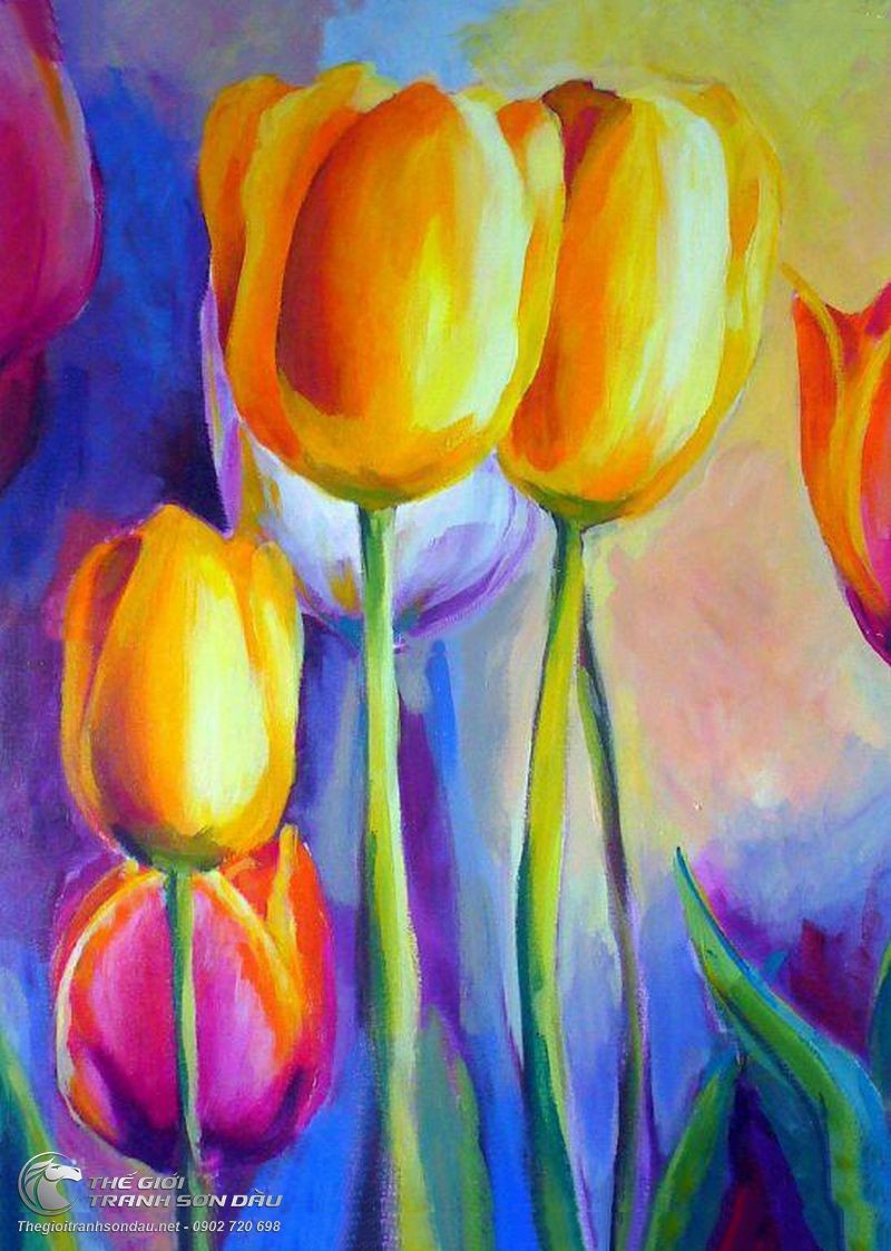 Tranh sơn dầu Bình Hoa Tulip Khoe Sắc M1231  Tranh vẽ Hoa Tulip đẹp
