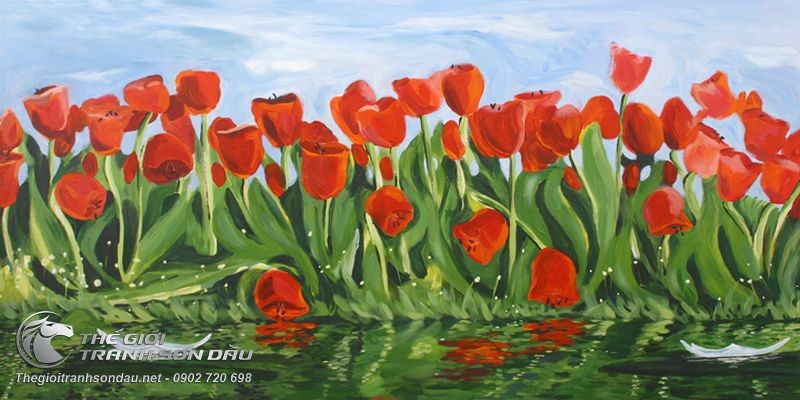 Tranh sơn dầu với đầy đủ màu sắc tươi sáng sẽ khiến bạn cảm thấy gần gũi và yêu thích vườn hoa tulip với những bông hoa đầy màu đỏ đẹp nhất. Hãy cùng xem hình tranh vẽ vườn hoa này để tận hưởng sự đẹp như mơ.
