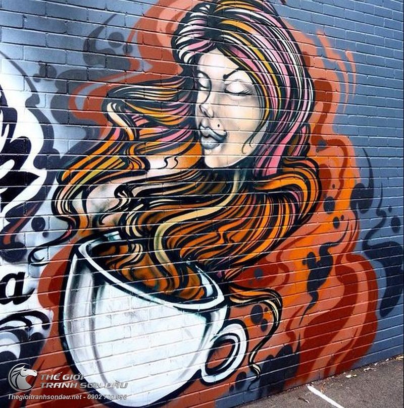 Tranh Tường Vẽ Cô Gái Và Ly Cafe