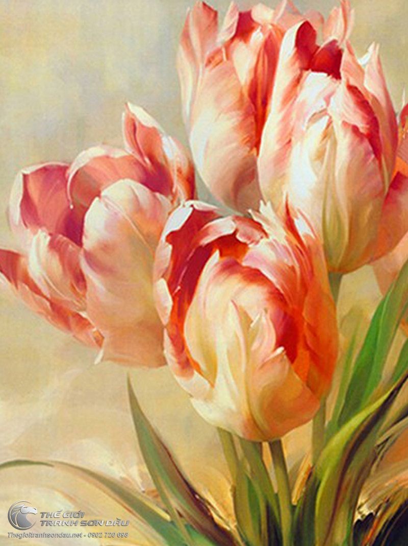 Tranh Vẽ Bằng Sơn Dầu Hoa Tulip Màu Đỏ