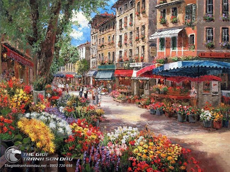 Tranh về chợ hoa phong cảnh Châu Âu là những bức tranh tuyệt đẹp, hiện thực hóa được vẻ đẹp thơ mộng của Châu Âu. Cùng ngắm những chiếc rổ hoa tươi tắn, đầy màu sắc tràn đầy sức sống, sẽ đem lại những cảm xúc tuyệt vời cho bạn.