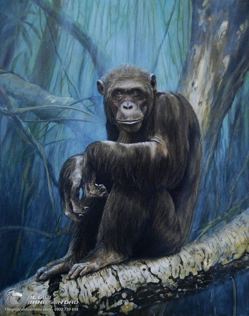 Tranh Vẽ Con Khỉ Đen Ngồi Trên Cây Vẽ Bằng Màu Sơn Dầu Tốt