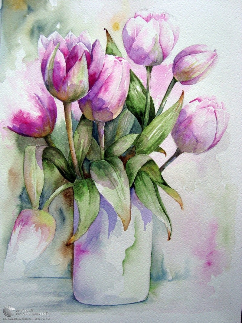 Tranh Vẽ Lọ Hoa Tulip Màu Tím Mộng Mơ