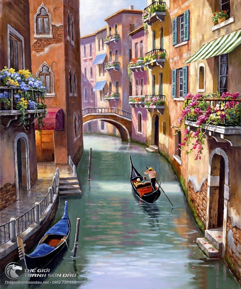 Tranh Vẽ Người Đàn Ông Chèo Thuyền Trên Sông Venice