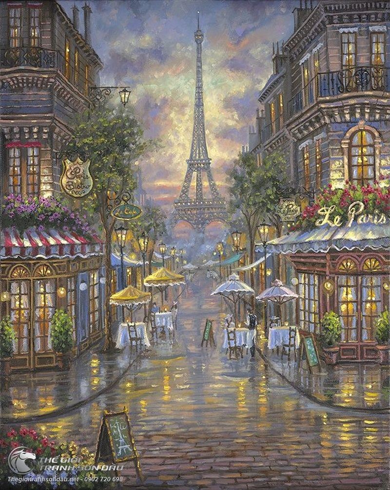 Tranh Vẽ Quán Cafe Và Tháp Eiffel