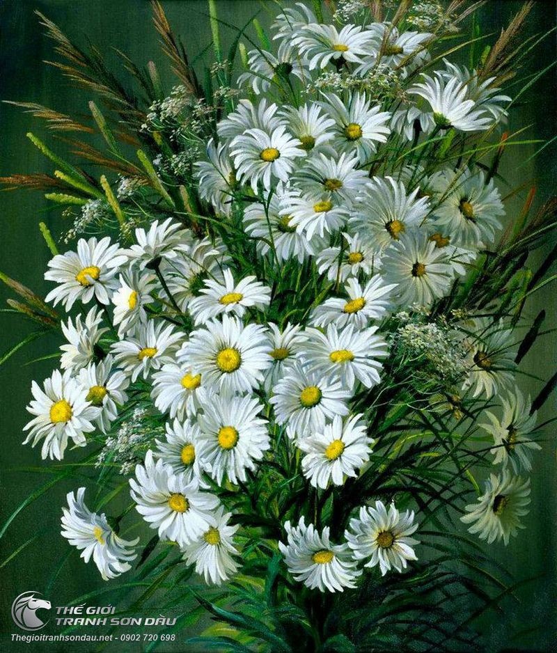 Những đóa hoa cúc trắng tuyệt đẹp được tái hiện sinh động trong hình vẽ sẽ khiến bạn nhớ đến những ngày xuân rực rỡ. Hãy ngắm nhìn bức tranh này và cảm nhận sự tươi vui của mùa xuân.