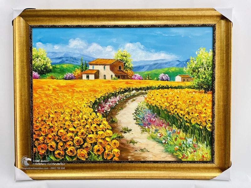 Tung tăng trong không gian ngập tràn hoa cỏ với bức tranh vẽ sơn dầu ngôi nhà giữa vườn hoa, với cảnh quan độc đáo, tạo nên một không gian sống động và tràn đầy màu sắc.