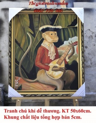 Tranh Sơn Dầu Vẽ Chú Khỉ Đánh Đàn Chào Năm Mới