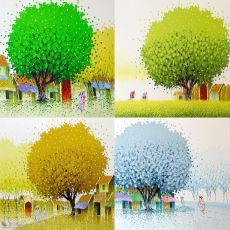 Bộ Bốn Bức Tranh Sơn Dầu Phong Cảnh Bốn Mùa Đẹp