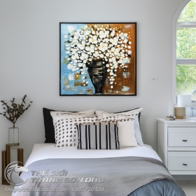 Tranh Bình Hoa Trắng Vẽ Sơn Dầu Đắp Dày