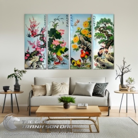 Tranh bộ tứ quý Đào Sen Cúc Tùng