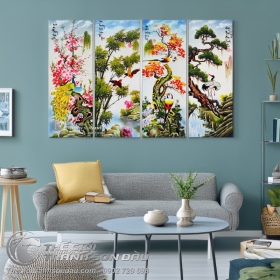 Tranh bộ tứ quý Đào Trúc Cúc Tùng vẽ sơn dầu