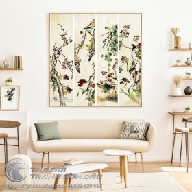 Tranh Bộ Tứ Quý Hoa Đào Đậu Biếc Và Chim Két