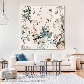 Tranh Bộ Tứ Quý Mai Cúc Mẫu Đơn Đào 4 Tranh