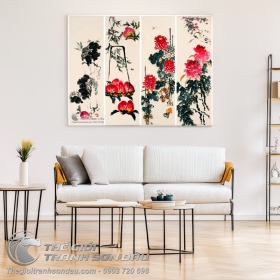 Tranh Bộ Tứ Quý Trúc Đào Cúc Mẫu Đơn