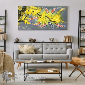 Tranh Cá Chép Hoa Mai Nền Xám Đậm