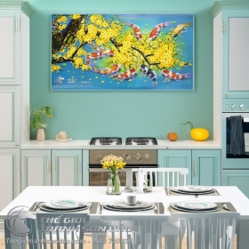 Tranh Cá Chép Hoa Mai Nền Xanh Trời