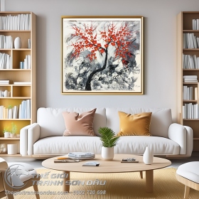 Tranh Cành Hoa Đào Đỏ Vẽ Sơn Dầu Đắp Dày