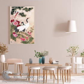 Tranh Chim Hạc Trong Vườn Hoa Mẫu Đơn
