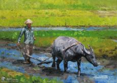 Tranh Chú Trâu Đang Cày Bừa Vẽ Sơn Dầu