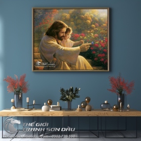 Tranh Chúa Jesu Ôm Thiếu Nhi Trong Vườn Hoa