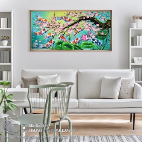 Tranh Cửu Ngư Dưới Gốc Đào Vẽ Tay Sơn Dầu