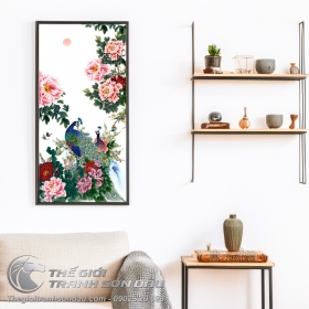 Tranh Đôi Chim Công Bên Hoa Mẫu Đơn